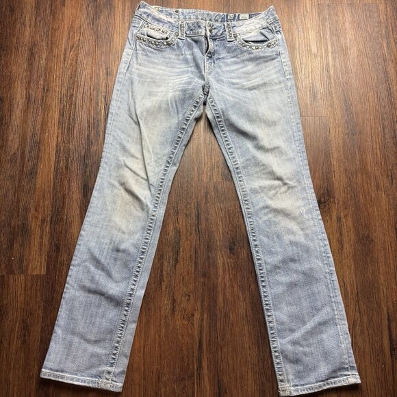 Miss Me Low Rise Signature Straight Jeans Sequins Flap Pocket Light Wash Size 31 - Picture 1 of 13